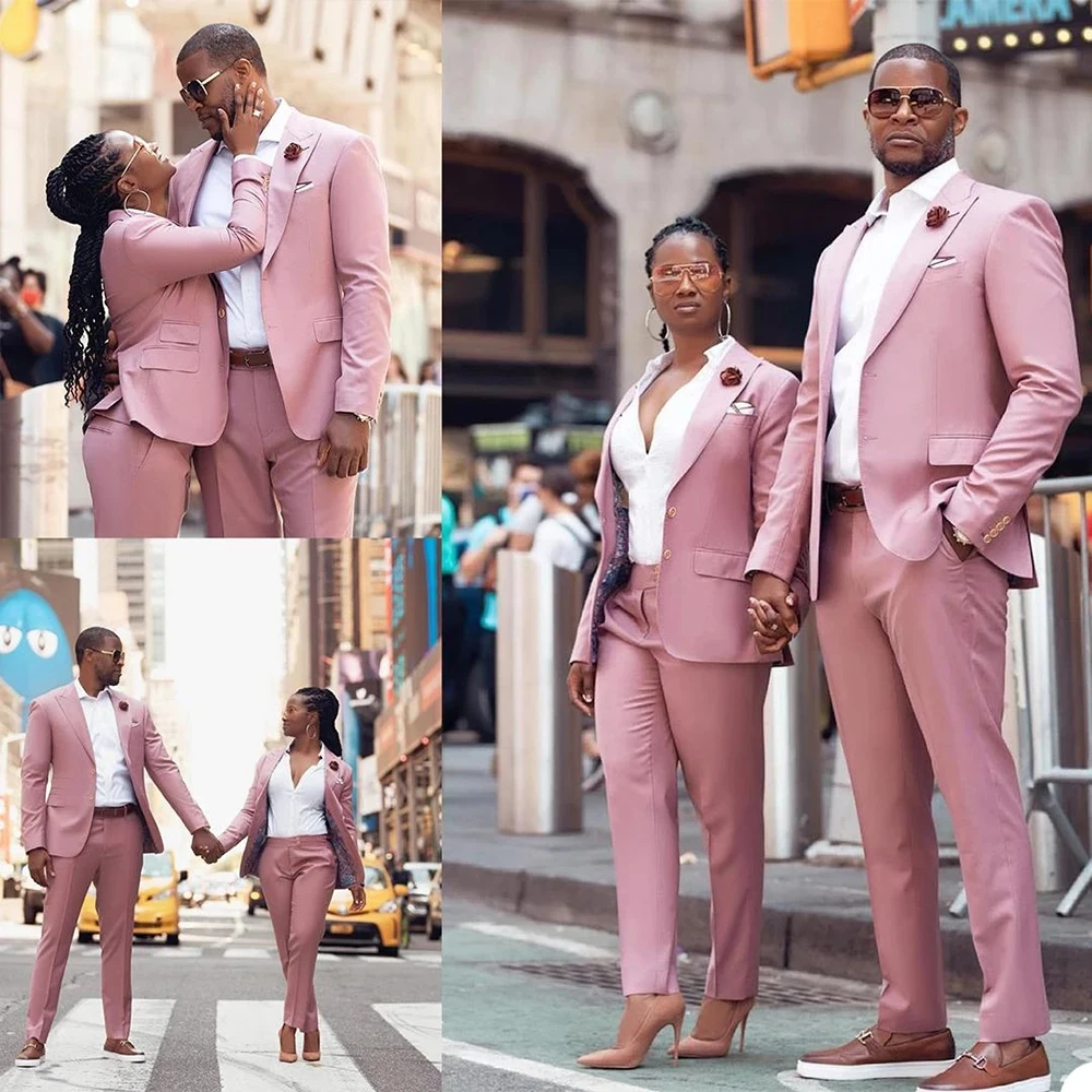 Pink Matching Outfits New Men Suits Fashion Peak Lapel Slim Fit Blazer Office Smart Casual Wedding Chic Suits 2 Piece Pant Sets