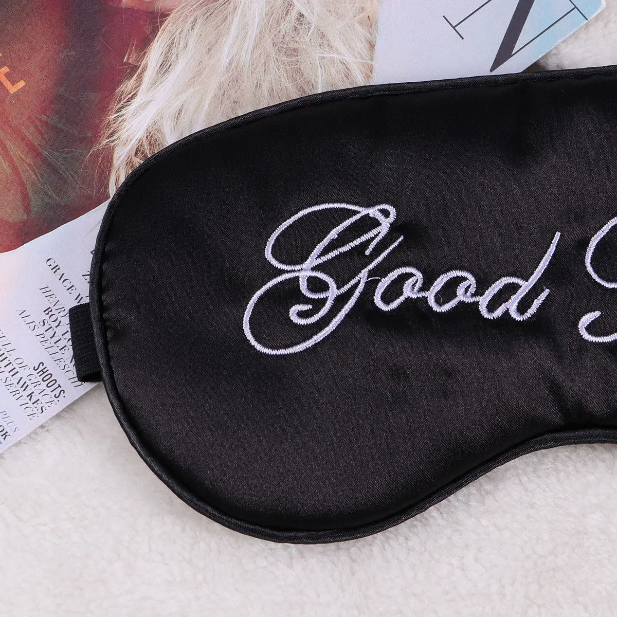 Silk Sleep Eye Mask Black Embroidery Large Blindfold Adjustable Strap Soft Comfortable for Men Women Kids Night Sleep Eye Patch
