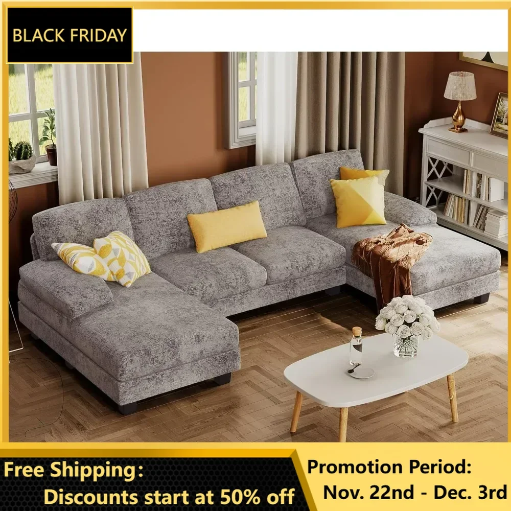 Sectional Couches Living Room, U-Shaped Sofa Couch with Linen Fabric, 4 Seat Sofa Set with Double Chaise for Apartment, Sofas