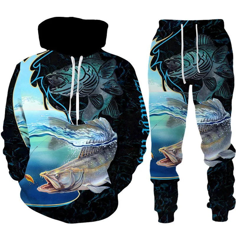 Pêche 3D imprimé sweat à capuche pantalon ensembles hommes Streetwear décontracté sweats à capuche pantalons de survêtement deux pièces costume homme survêtement vêtements
