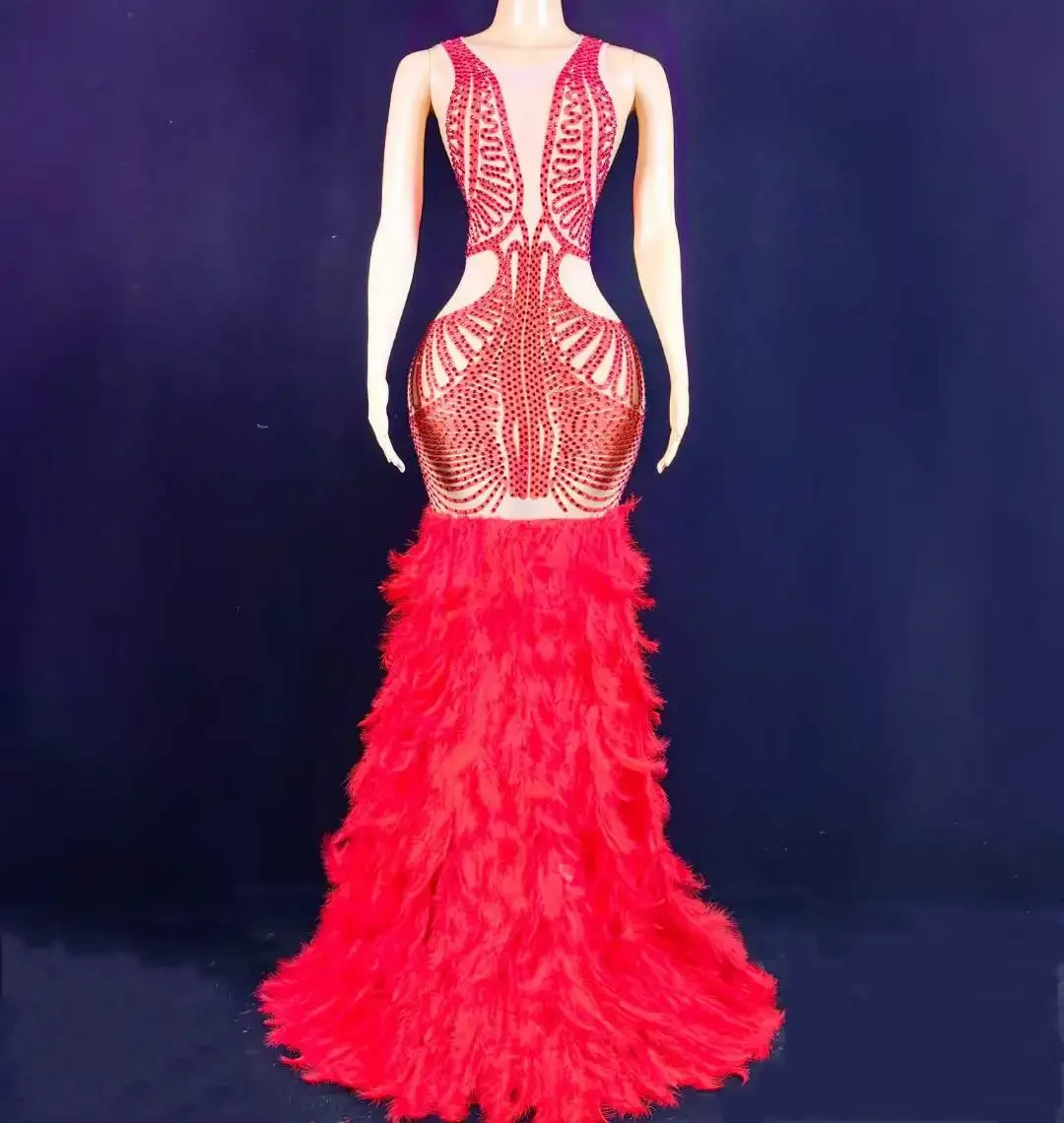 

Luxury Red Rhinestone Feather Women Elegant Wedding Evening Night Out Birthday Long Dress 2025