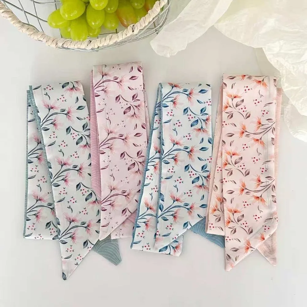 

Spring Summer Floral Print Thin Ribbon Scarf Multi-use Headband Skinny Silk Scarf Small Silk Scarf Women Hair Accessory