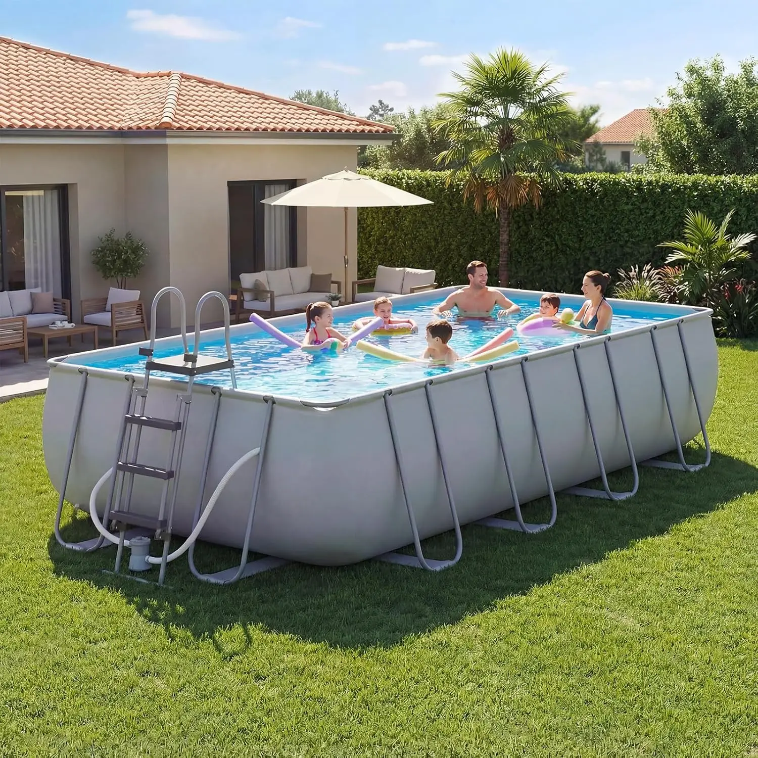 18' x 9' x 47" Rectangular Frame Pool Set with Removable Ladder and Filter Pump, Large Swimming Pool for Backyard and, Custom