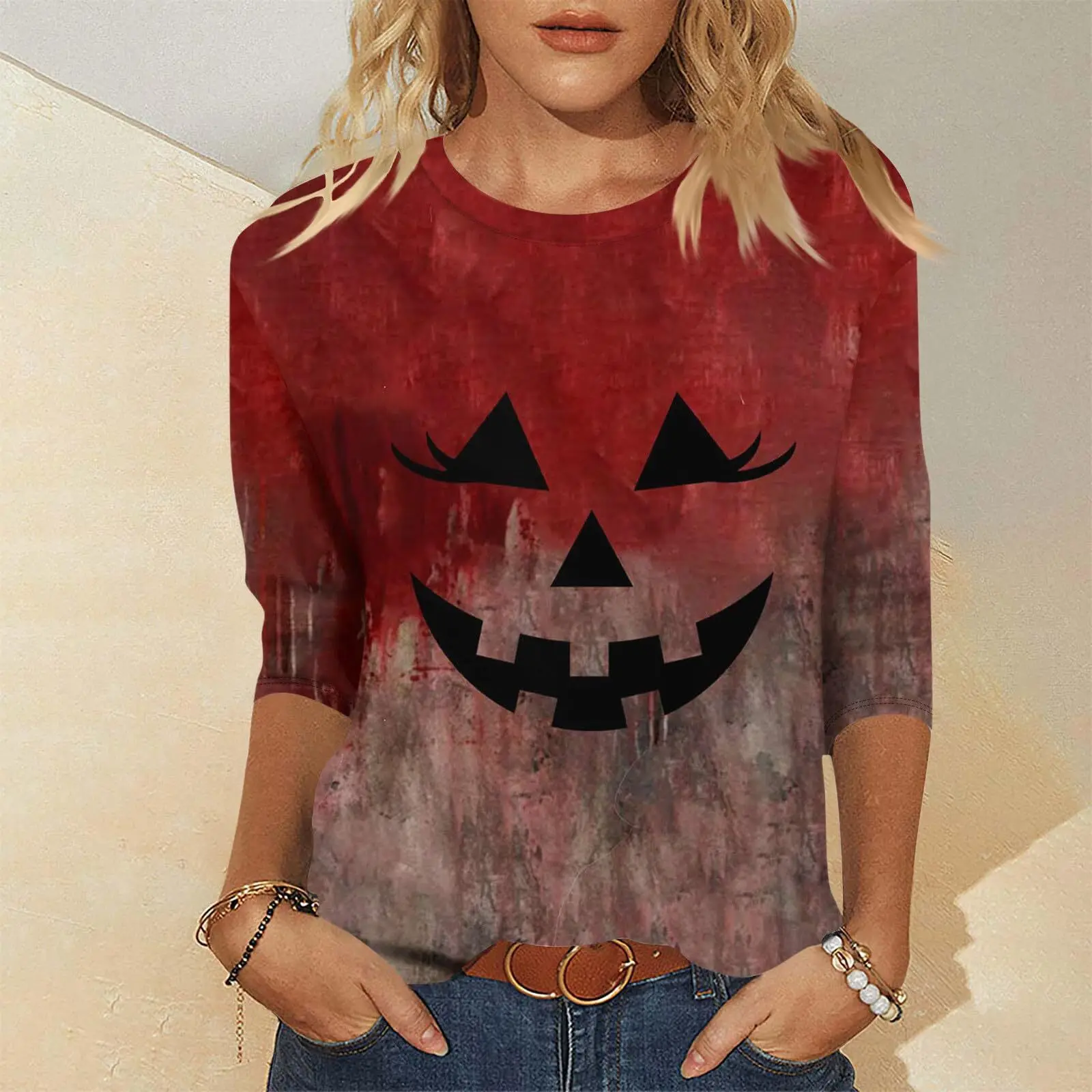 Round Neck Seven Quarter Sleeve Wan Sheng Series Blood Clot Horror Pumpkin Lantern Pattern Loose Summer Women's New CasualWA21