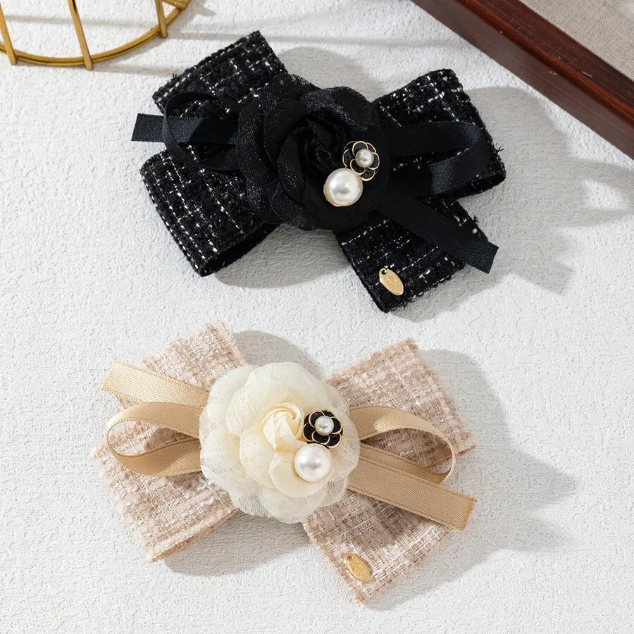 

Elegant Floral Bow Fabric Brooch With Pearl Accent For Women Daily Wear Bag Lapel Decoration