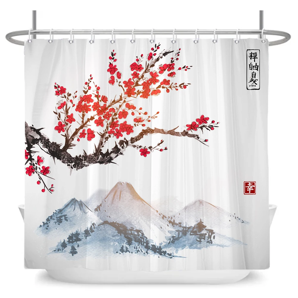 Japanese Wave Mount Fuji Plum Blossom Flower Printied Shower Curtain Waterproof Polyester Fabric Bathroom Curtains with 12 hooks