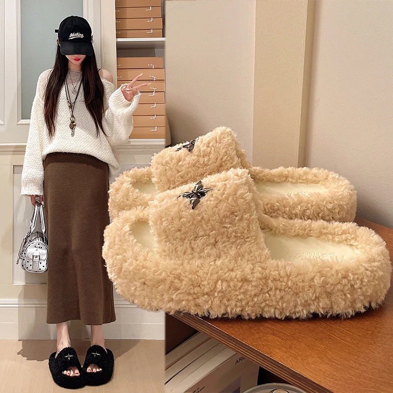 Warm Fluffy Furry Slippers Women Lightweight Flat Heels Fur Slides Woman Autumn Winter Open Toe Non Slip Home Floor Shoes 656
