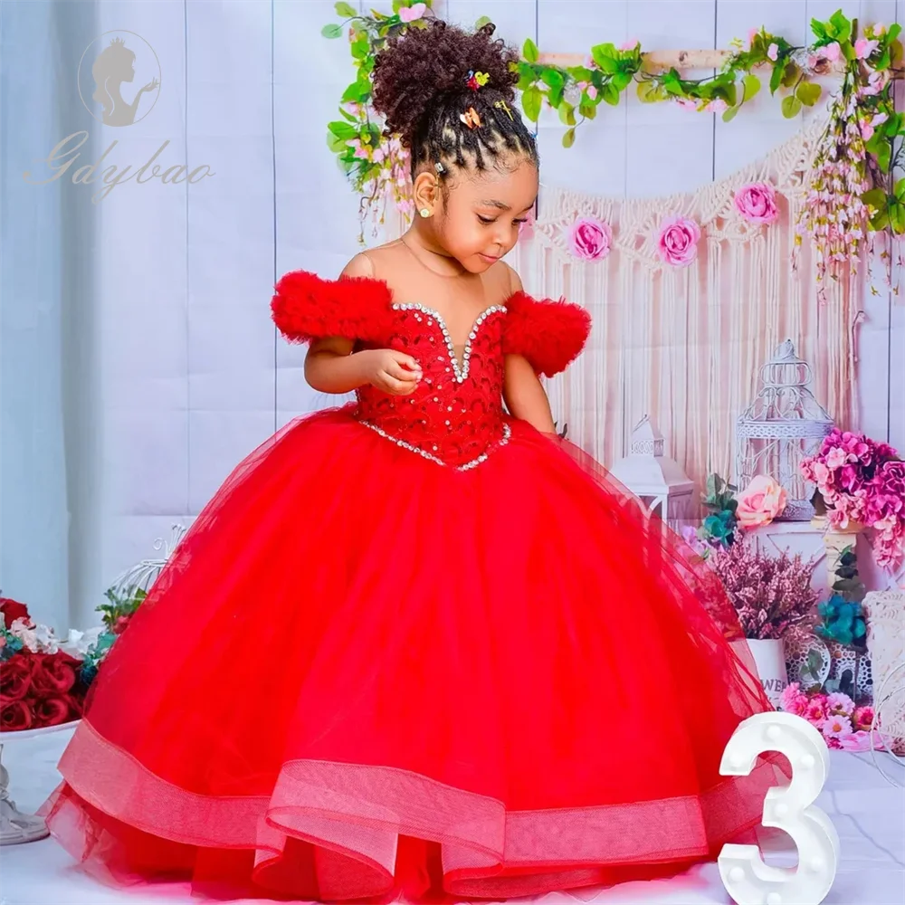 Vestidos de niña de flores Rojo Cumpleaños para niños Cuello transparente Volantes plisados Vestidos de fiesta de tul con gradas para boda