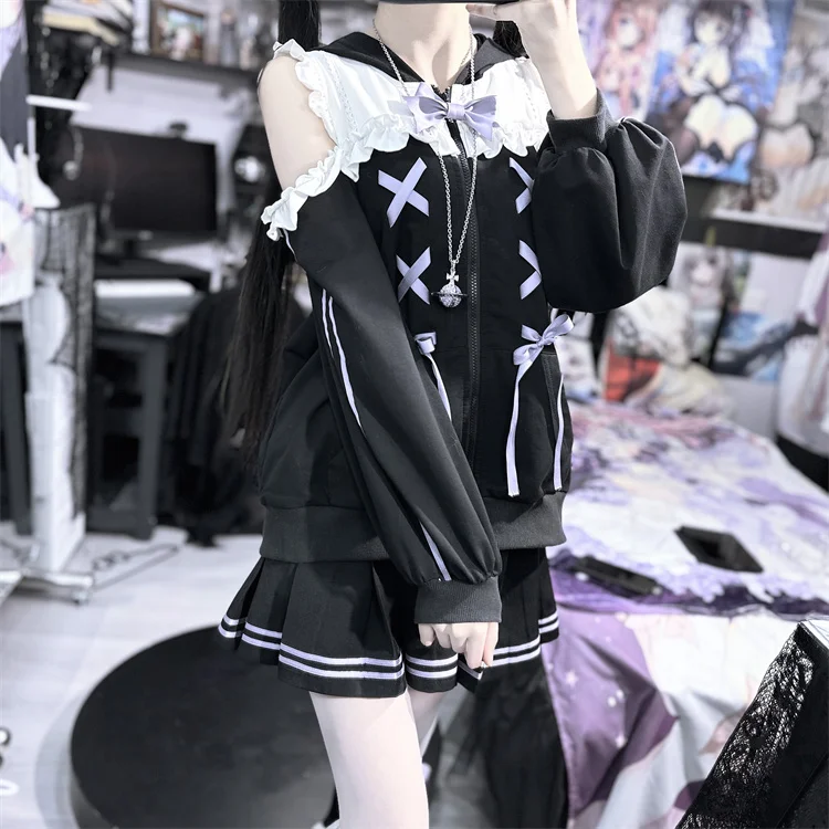 Original japonês doce legal menina coelho orelha hoodies laço-up arco fora do ombro manga longa solto moletom jaquetas feminino outono