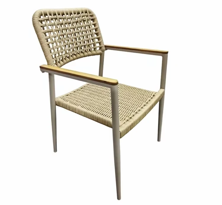 Stylish Outdoor Furniture Rope Woven Aluminum Garden Chair With Teak Wood Armrest