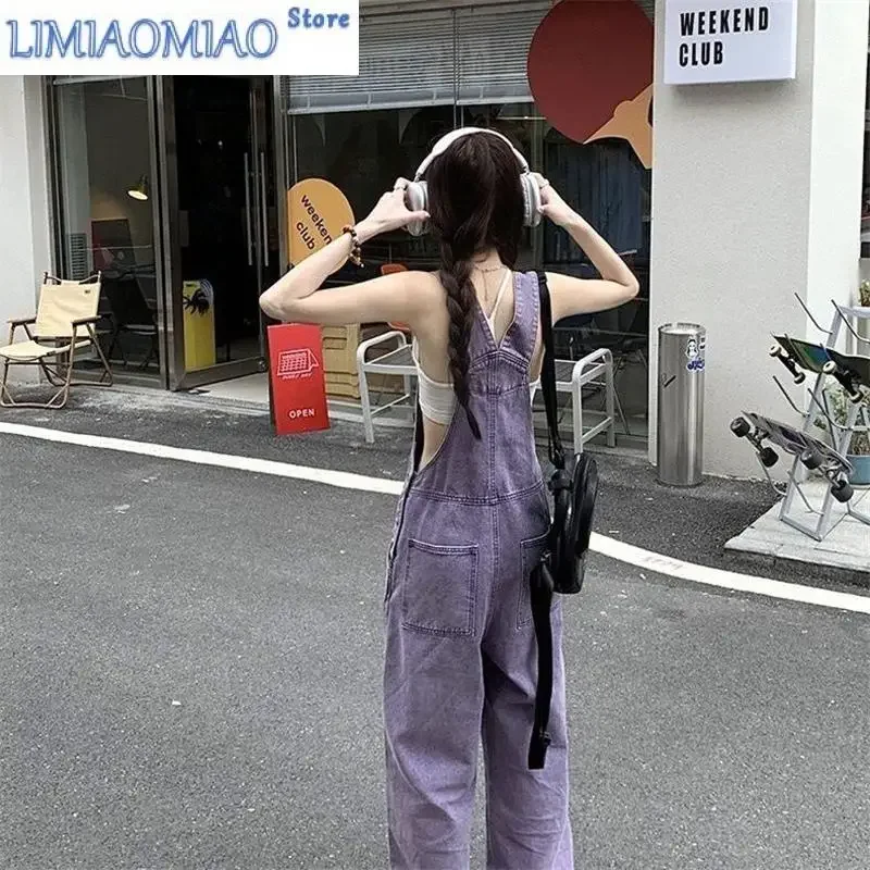Women's High Waisted Straight Purple Jumpsuit Classic Vintage Overalls Fashion Girl Wide Leg Pants Female Baggy Rompers Trouser