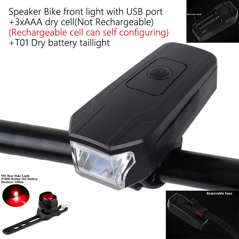 MTB Bike Led Lighting Speaker Front Lamp XPE USB Port For Anti-theft Alarm Horn Light AAA Dry Battery Night Riding Equipment