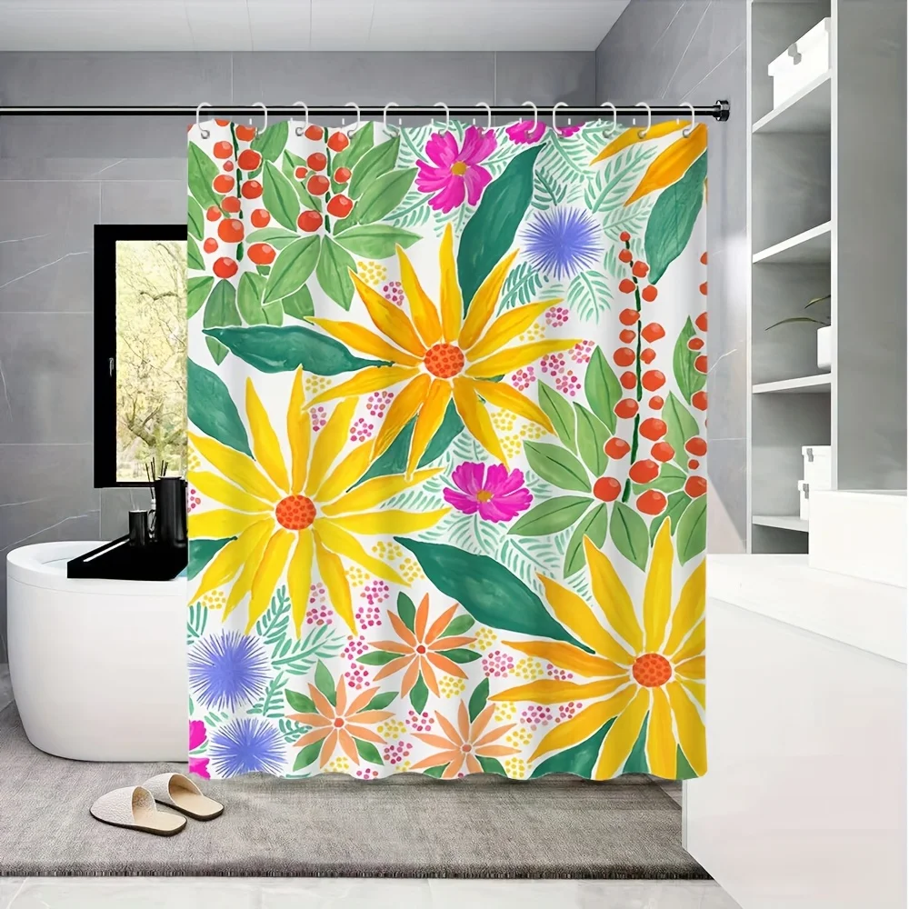 Vibrant Floral Shower Curtain Waterproof Fabric Bathroom Decor with Hooks Tropical Yellow Daisy Red Berry Bath Curtain