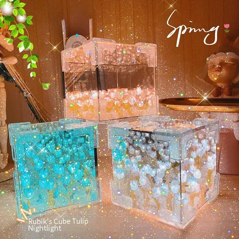 1pcs Handmade DIY Flower Cube Tulip Stereo Night Light Material Package for Girlfriend Couple Birthday Gift