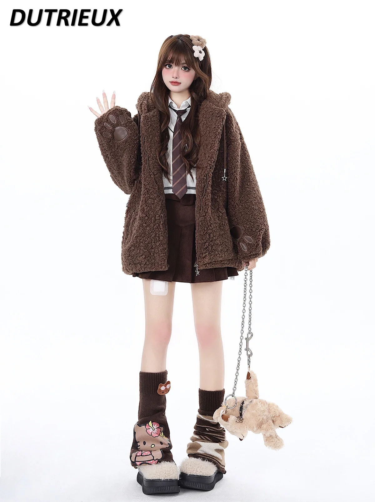 Sweet Cute Cool Animal Ears Fall Winter Hooded Thick Lamb Wool Coat for Women Brown Warm Soft Glutinous Loose Girl Jacket