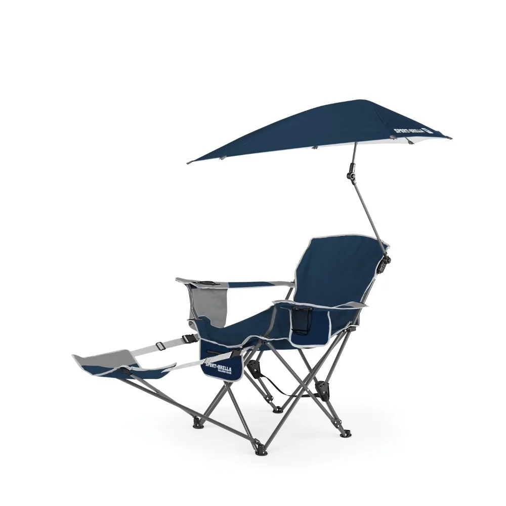 

Camping Chair with Clamp-On Sun Shade Cup Holder and Storage Pockets with Bottle Opener Construction 3-way Swiveling Umbrella