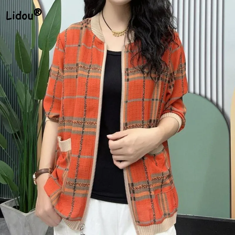 Women\'s Fashion Vintage Plaid Zipper Coat Casual Female Clothing Contrast Color Long Sleeve Commute Pockets Spliced Cardigan