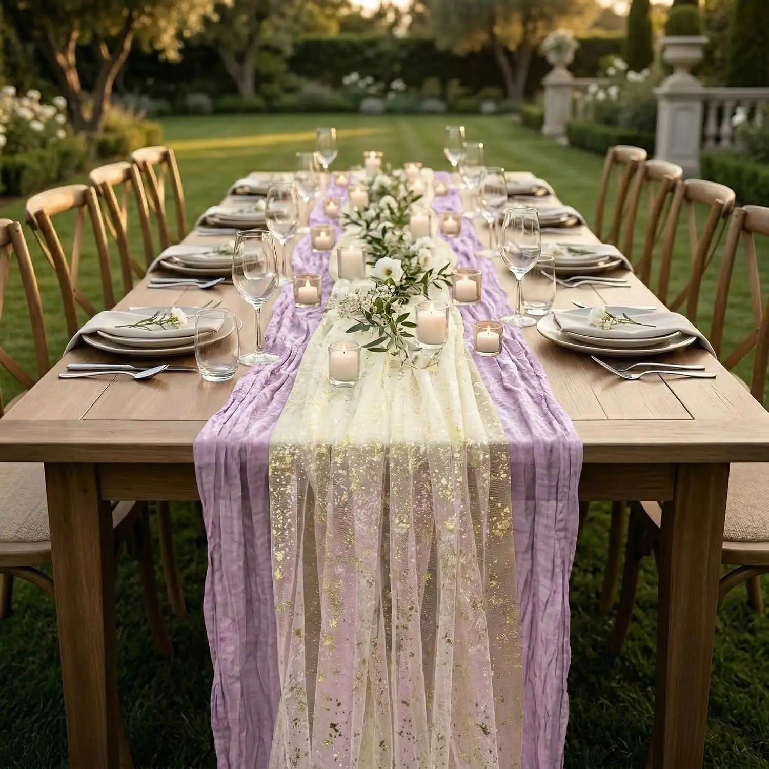 2Pack Cheesecloth Table Runner Purple Drapable Gauze Fabric Boho Wedding Baby Shower Arch Decor Farmhouse Rustic Party Supply