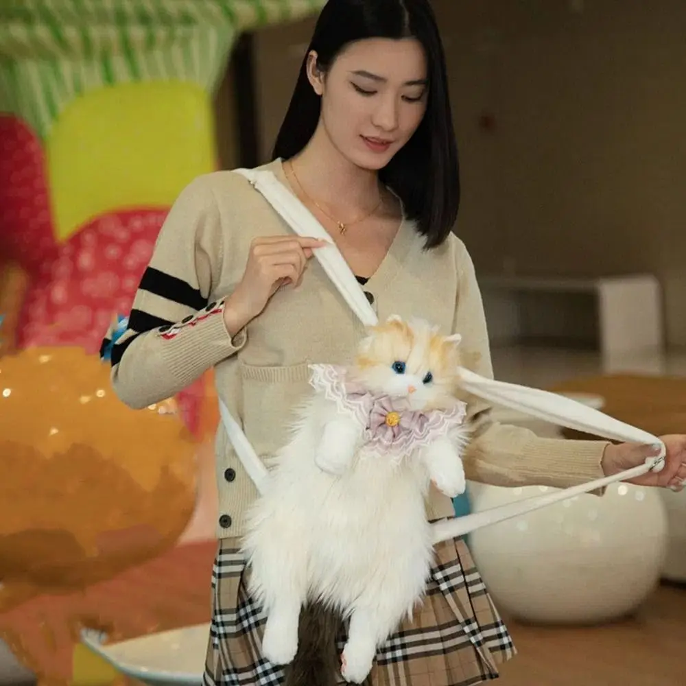 Long-haired Fluffy Cat Doll Backpack Ragdoll Cat Bow Tie Cute Women's Backpacks Travel Storage Cartoon Plush Cat Backpack