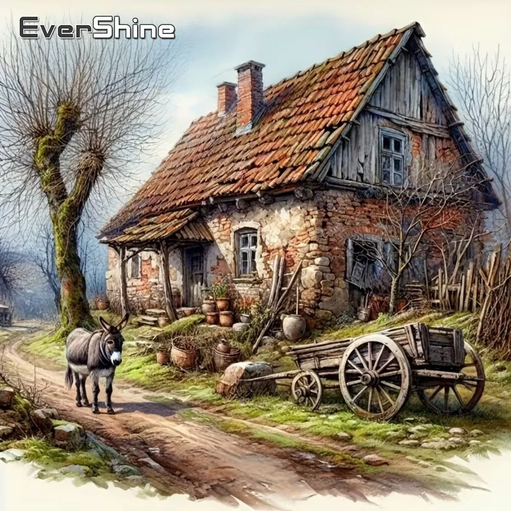 Evershine Full Square Round Diamond Painting House Landscape DIY Mosaic Suitable for Beginners Embroidery Donkey Handmade Hobby