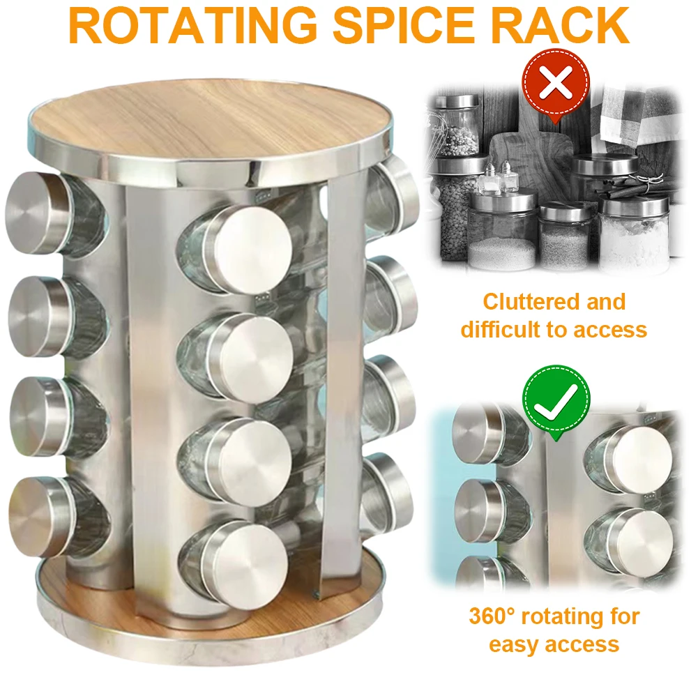 

360 ° Вращающийся органайзер для специй на 16 баночек по 3 унции, стеклянные банки, нержавеющая сталь, вращающаяся подставка для специй для кухонной столешницы или шкафа