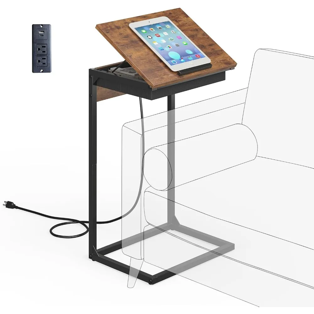 

C Shaped End Table with Charging Station, 45° Tiltable Adjustable Flip Top Table with Storage,Small C Table for Small Spaces,Sli