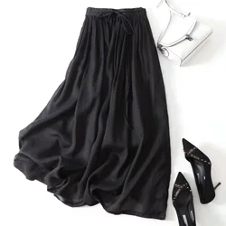 Casual Elastic High Waist A-Line Beach Skirts Summer Cotton Linen Maxi Skirt for Women Elastic Waist Draping Long Skirts