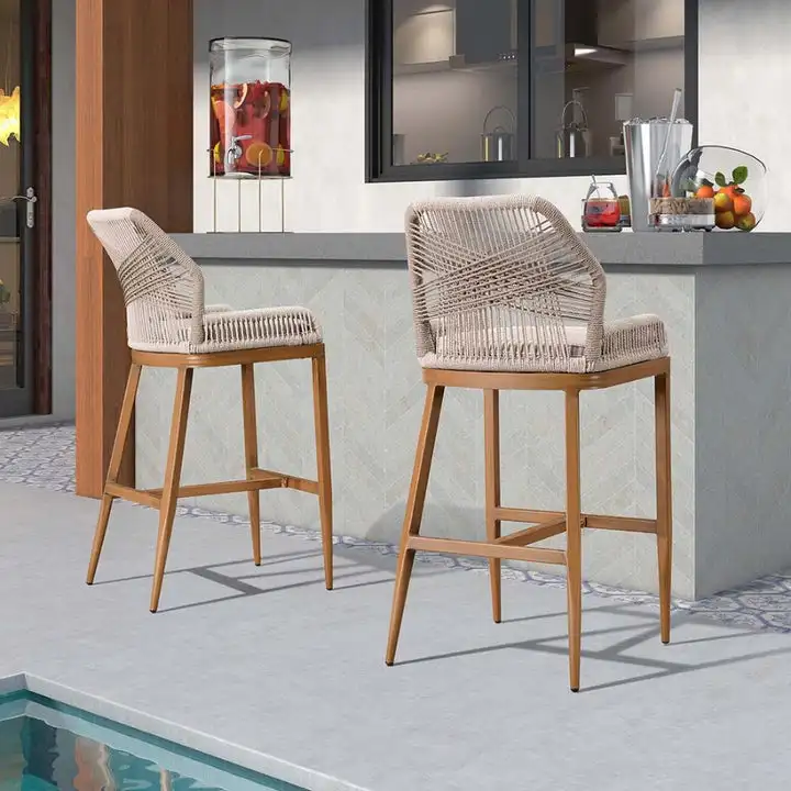 Wholesale Custom Minimalist Patio Wooden Texture Pub Counter Bar Chair Woven Rope Contemporary Outdoor High Bar Stools