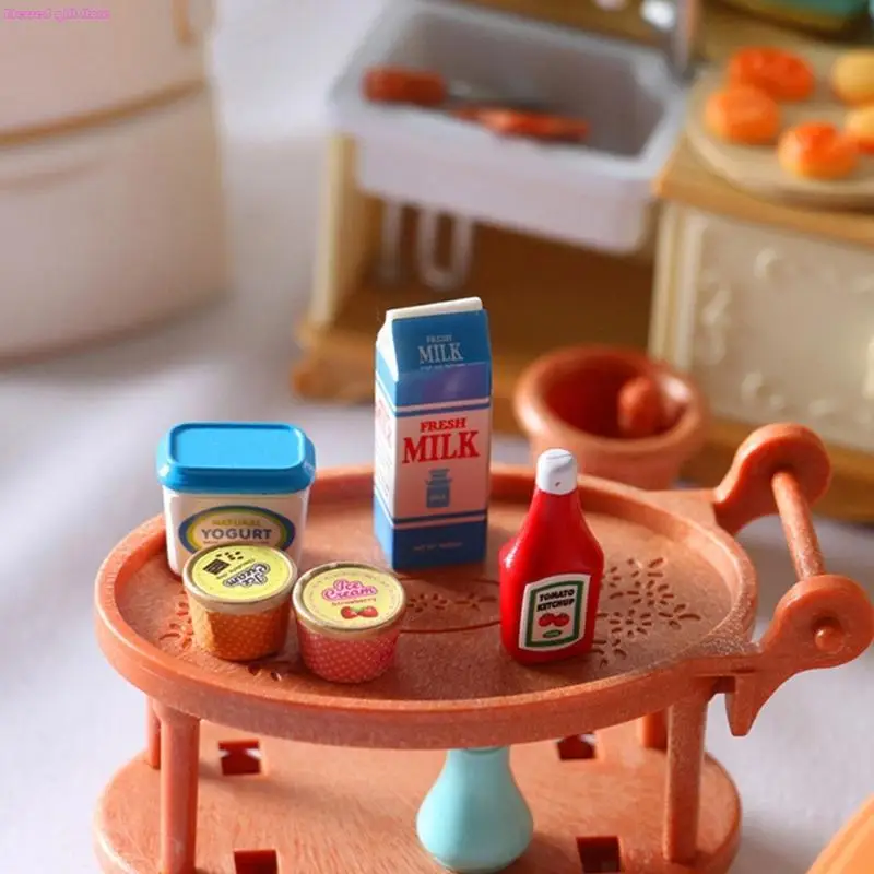 D0JC Miniature Play อาหาร Figurine ที่สมจริงซอสมะเขือเทศไอศกรีมโยเกิร์ตตุ๊กตา House Decors