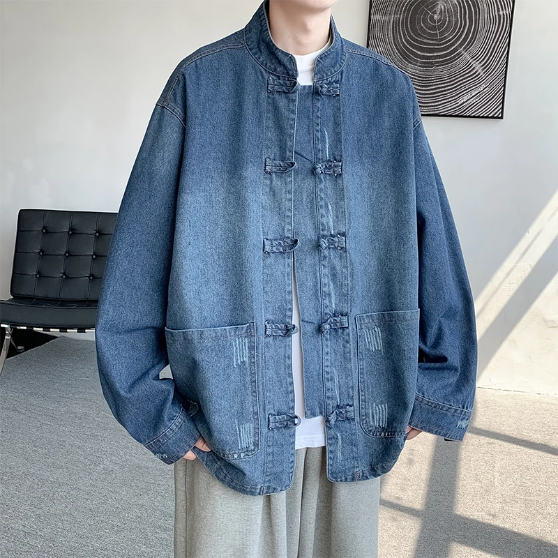 

Retro Chinese Sle Thiened Waed Denim Jaet Men's Loose Fit Cotton Coat with Button Closure Warm Youth Casual Outerwear