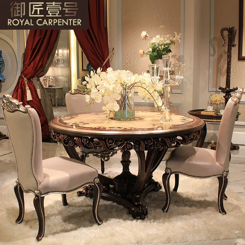 Luxury court European style classical solid wood carved large dining table table art parquet round table