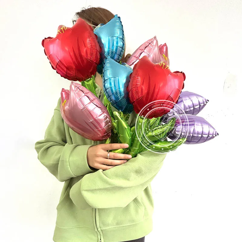 8pcs Rose Tulip Foil Balloon Handhold Flower Red Pink Purple Blue Air Ballon Wedding Decoration Birthday Party Decor Gift Show