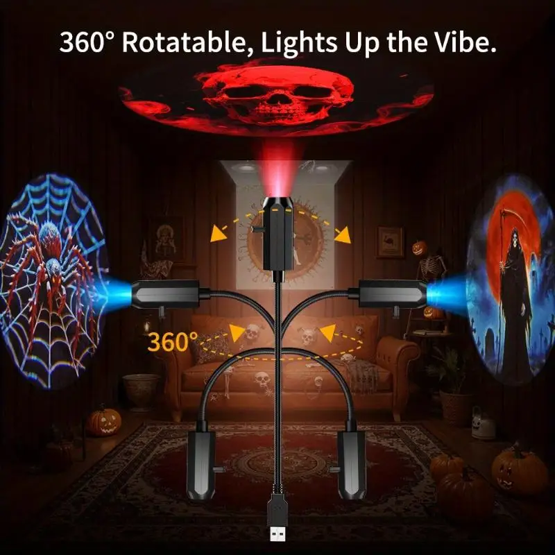 USB Halloween Projector Lamp 6 Dynamic Rotatable Patterns LED Atmosphere Light for Holiday Party Outdoor Decor