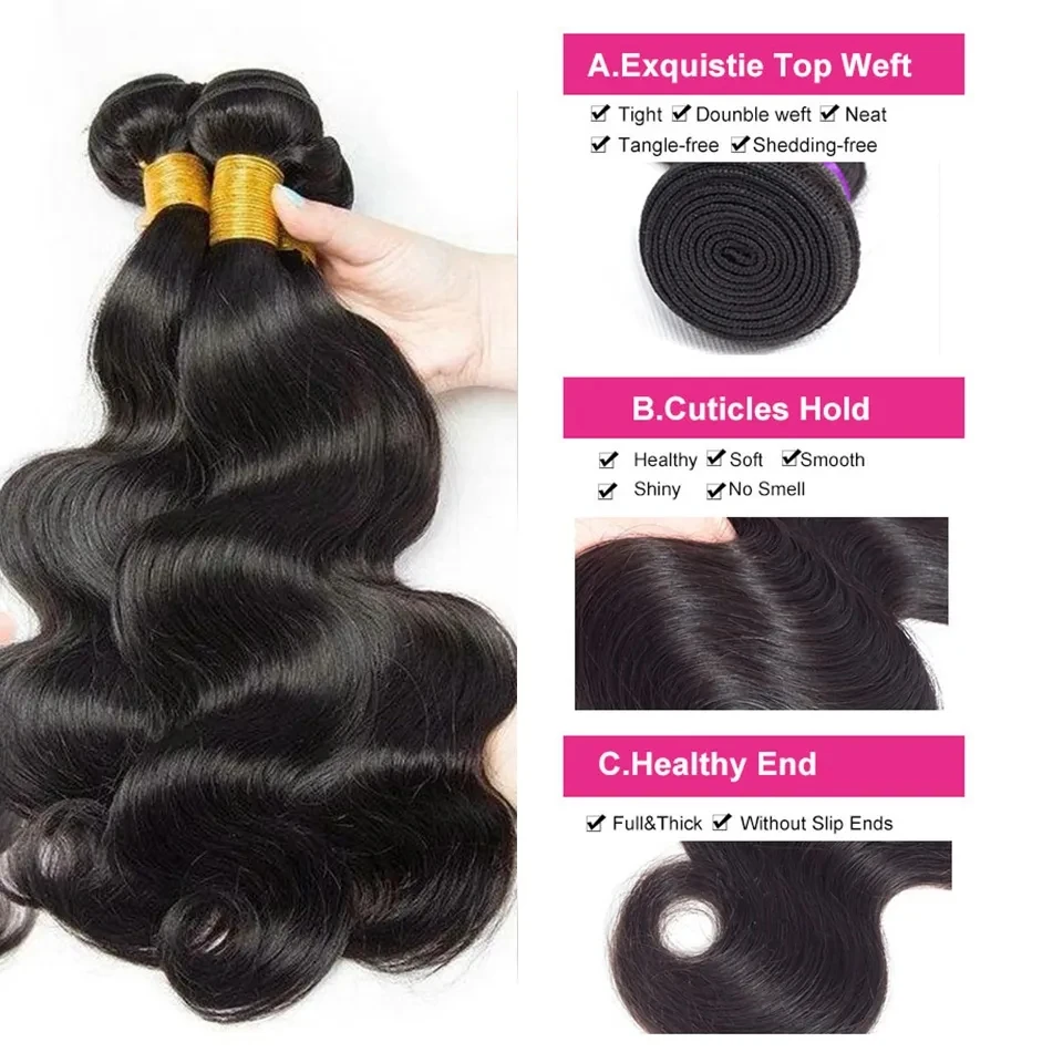 Raw Indian Hair Bundles Human Hair With Closure Unprocessed 10A Natural Black Body Wave Bundles Virgin Hair Extensions For Women