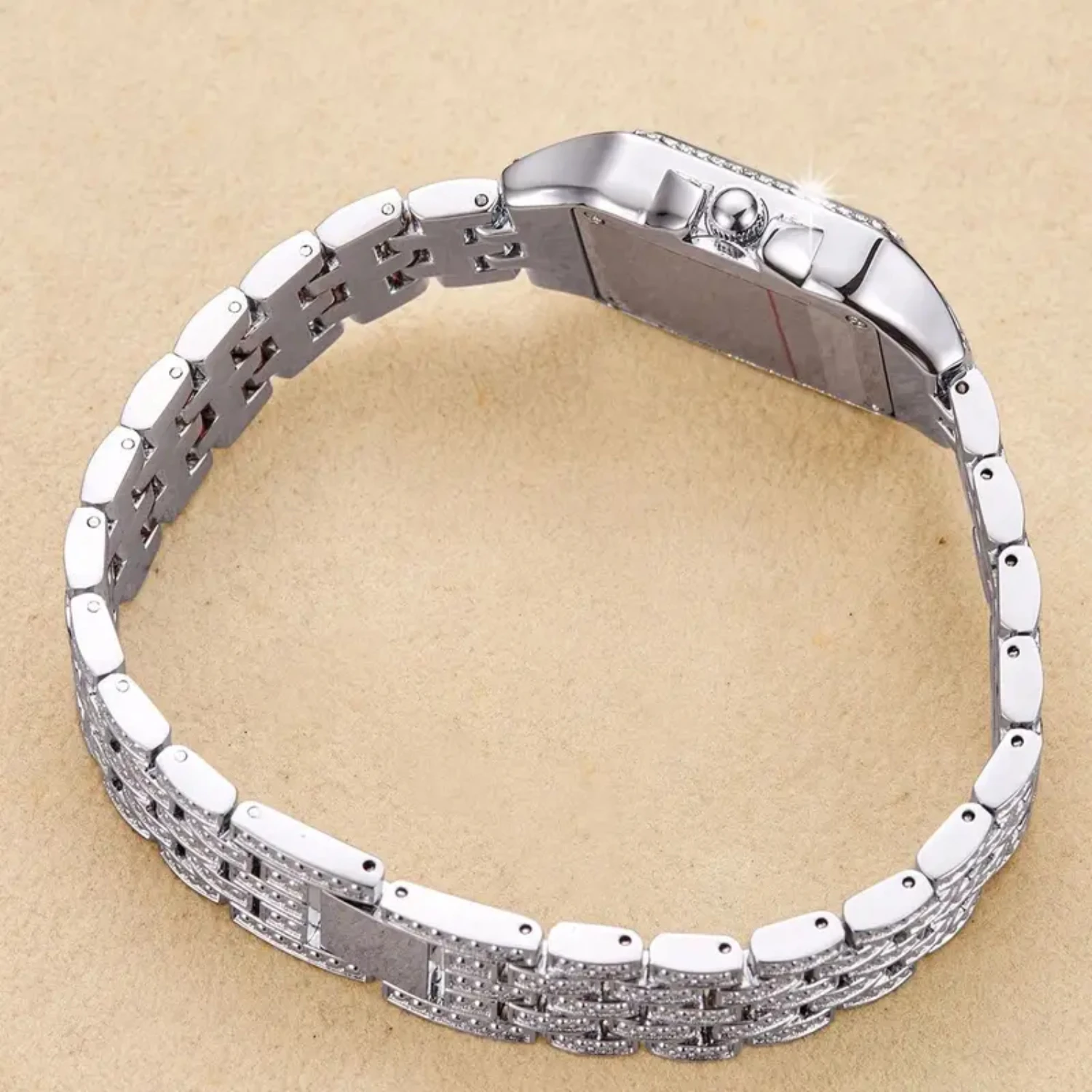 ساعة كوارتز بحزام فولاذي مربع كبير الحجم ولوحة حجر الراين #3