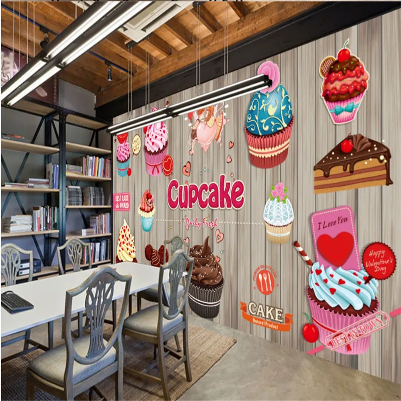 Cartoon Watercolor Cupcake Mural Wallpaper 3D for Cafe Cake Shop Dessert Store Bakery Industrial Decor Background Wall Paper 3D