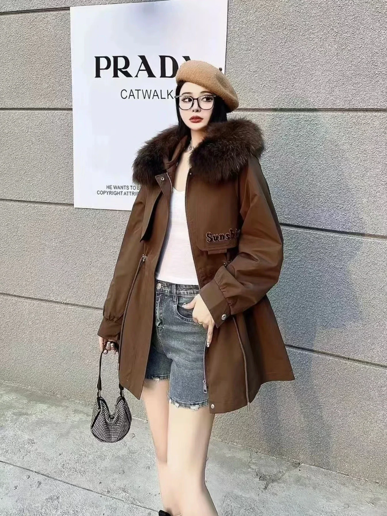 2024 Korea Fashion Women Parkas Detachable Rex Rabbit Hair Liner Warm Winter Overcoat Mid-long Fur Collar Hooded Jacket Coat