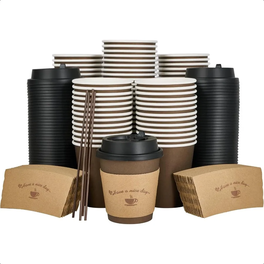 

100 Pack 10 oz Paper Coffee Cups with Lids Sleeves and Stirring Sticks for Coffee Water or Juice Browm 10 Ounce Hot Paper Cups