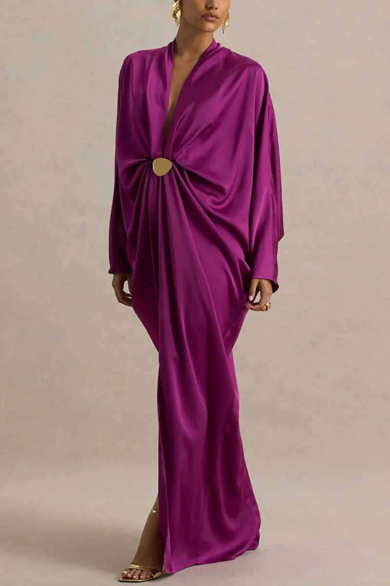 Elegantes Satin-Gastkleid für Damen mit Tiefem V-Ausschnitt, Fledermausärmeln, Gerafftem Design, Loser Passform, Party-Kaftan, Abendkleid, Maxikleid – Detail 3