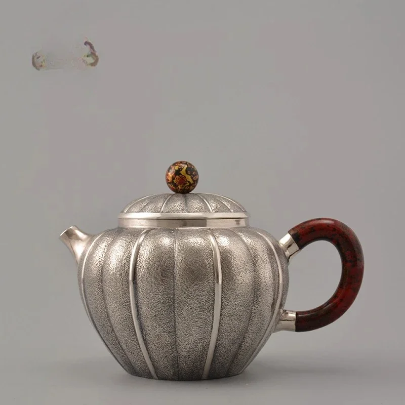 Large lacquer Tao Ran melon petal urgent beard, sterling silver 999 pure handmade teapot small teapot