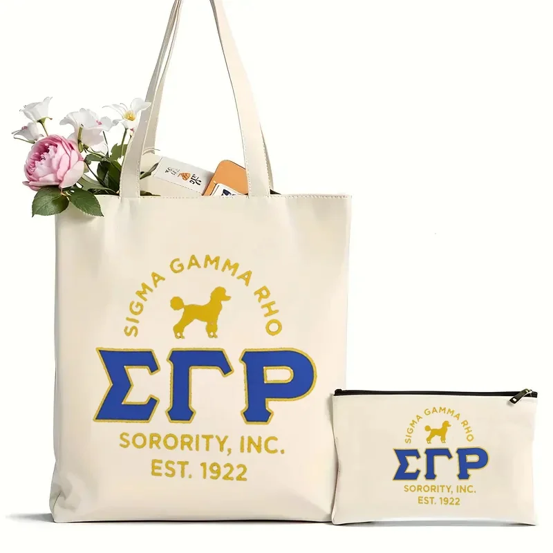 2Pcs Sigma Gamma Rho Sorority pattern Tote Bag Canvas Shoulder Bag For Travel Daily Commute Women\'s Reusable Shopping