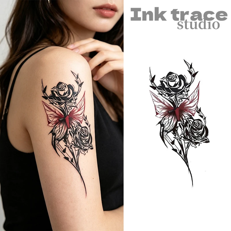 Black Red Moth And Rose Temporary Tattoo Sticker Waterproof Fake Tattoo For Shoulder Upper Arm Body Art For Women Girls
