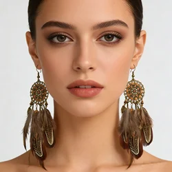 Moda longa borla marrom pena noiva casamento brincos boêmio vintage contas de madeira balançar brincos para mulheres jóias indianas