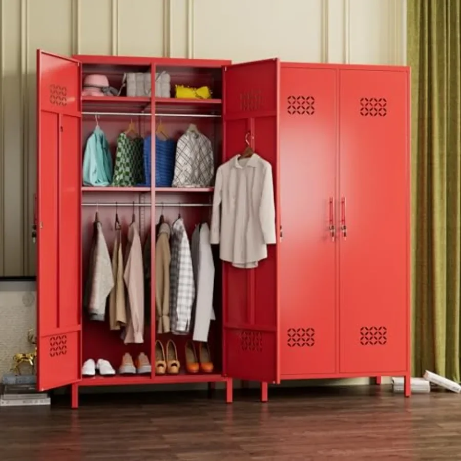 Metal wardrobe closet for home or office use, red finish, durable steel construction with 4 adjustable shelves and 2 hanging ro