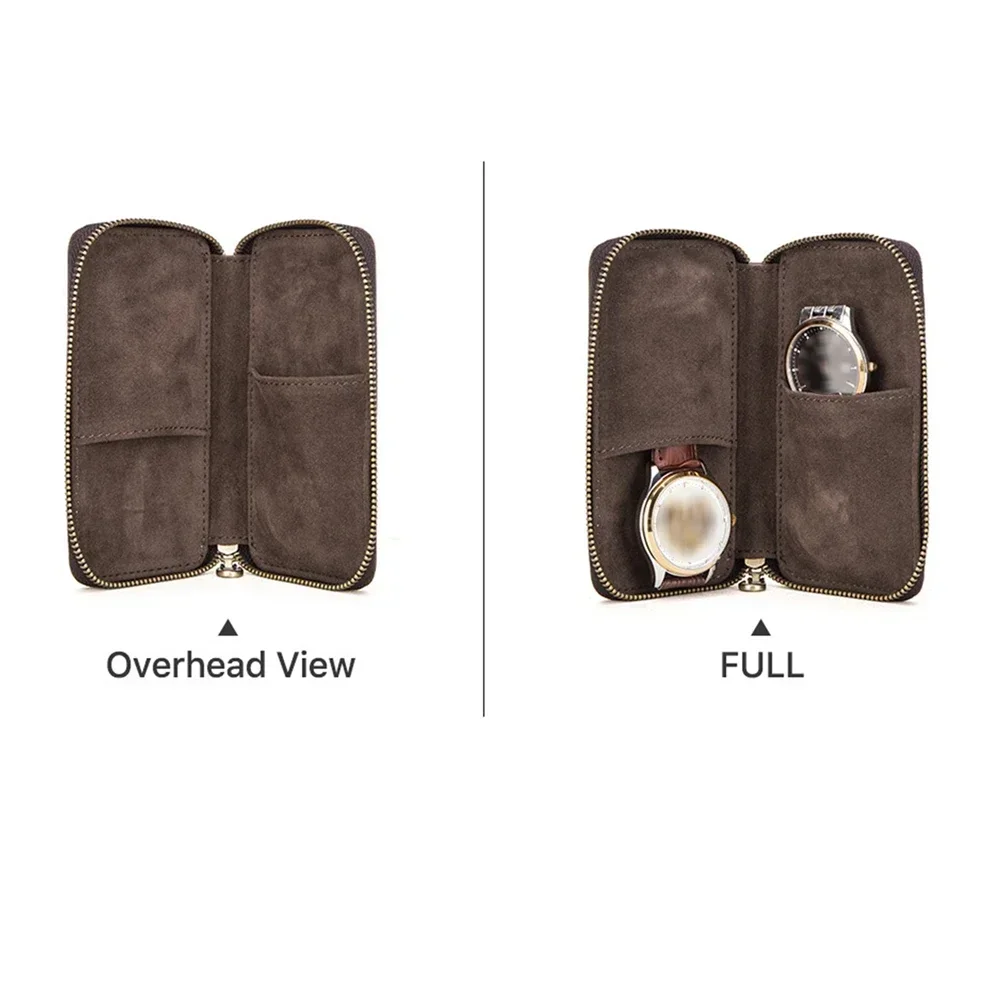 Creative Zipper Couple Watch Bag Vintage Leather Watch Case 2-Slot Watch Storage Bag Carrying Pouch Wristwatch Box Organizer DIY