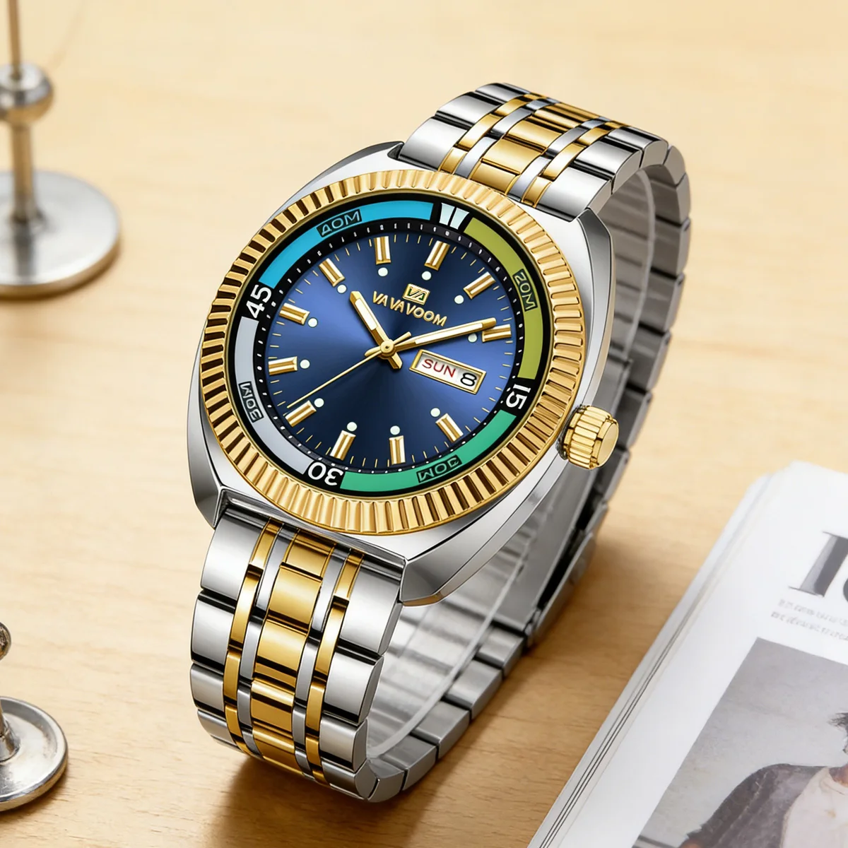 Quarz-Herrenuhr mit Blau-Gold-Silber Zweifarbiger Edelstahl Business-Herrenuhr mit 42mm Luxuriöse Modische Alltagsuhr