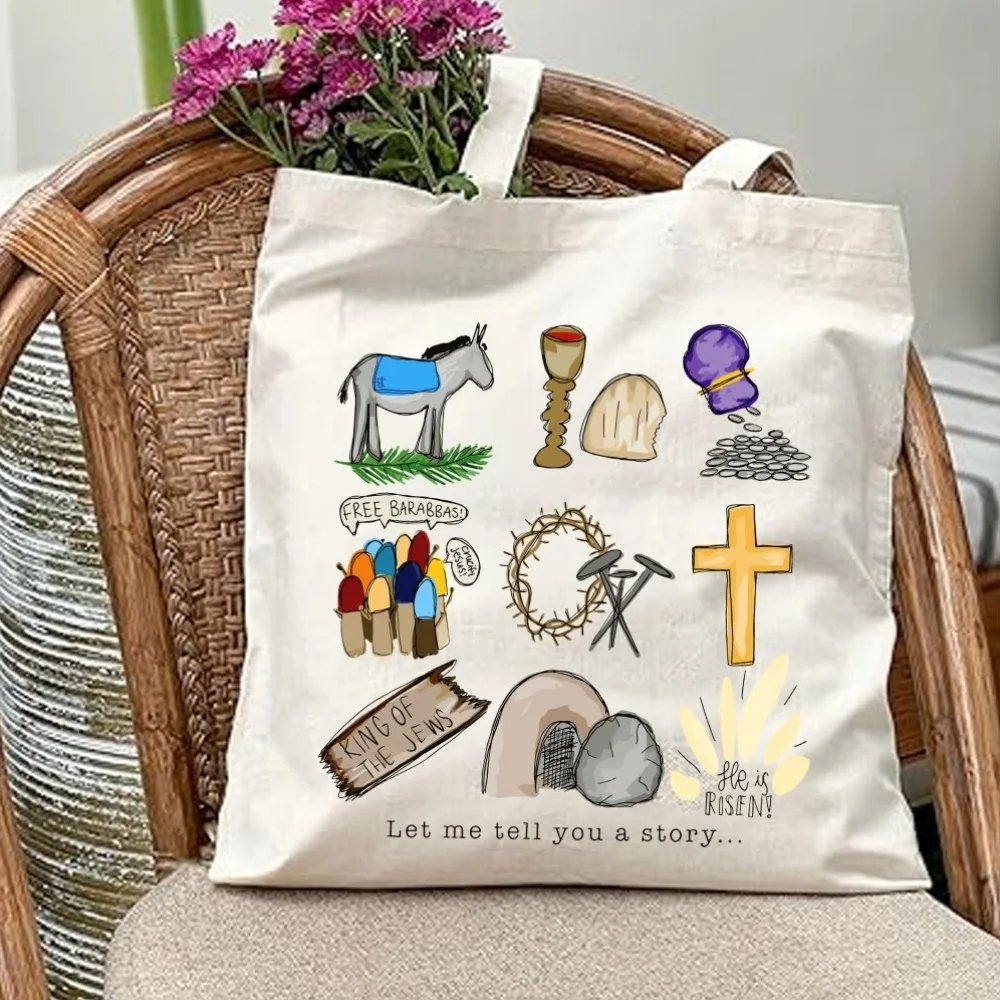 A Let me tell you a story pattern print canvas tote bag, suitable for daily use, shopping, school, and travel