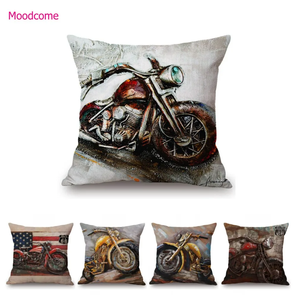 Vintage Motorcyle Chopper Poster Art Cafe Bar Industrial Mechanic Decoration Style Sofa Pillow Case Retro Linen Cushion Cover