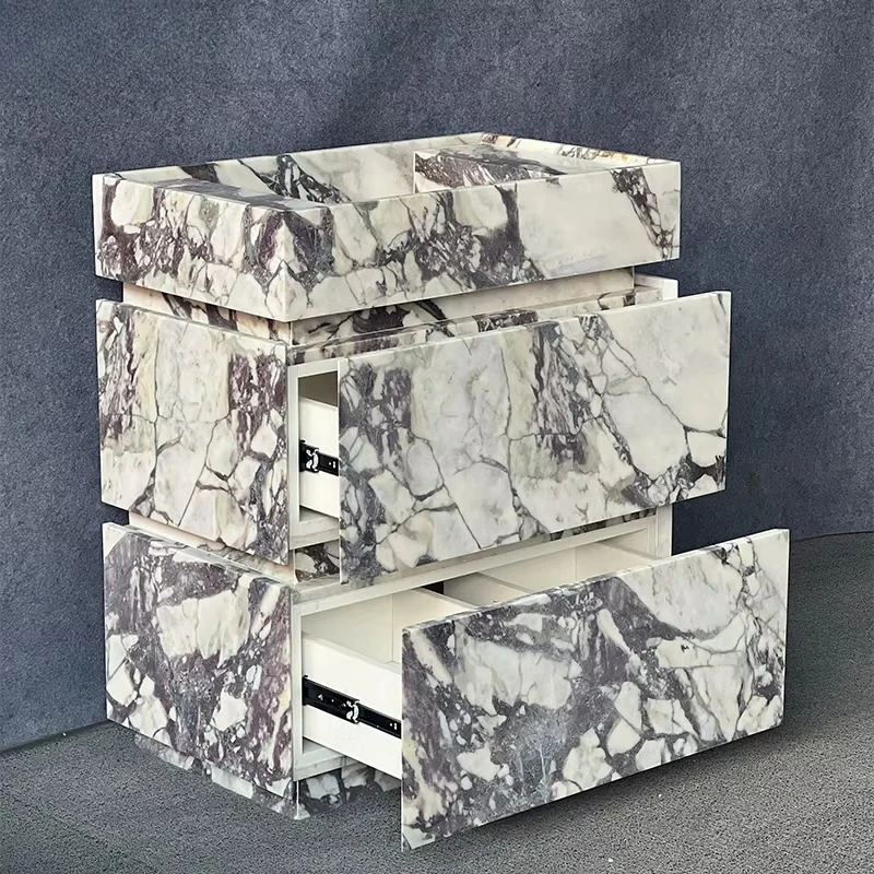 Glossy Natural Stone Rectangle Calacatta Viola Marble Bathroom Cabinet Vanity With Wash Basin Sink and Container Drawer