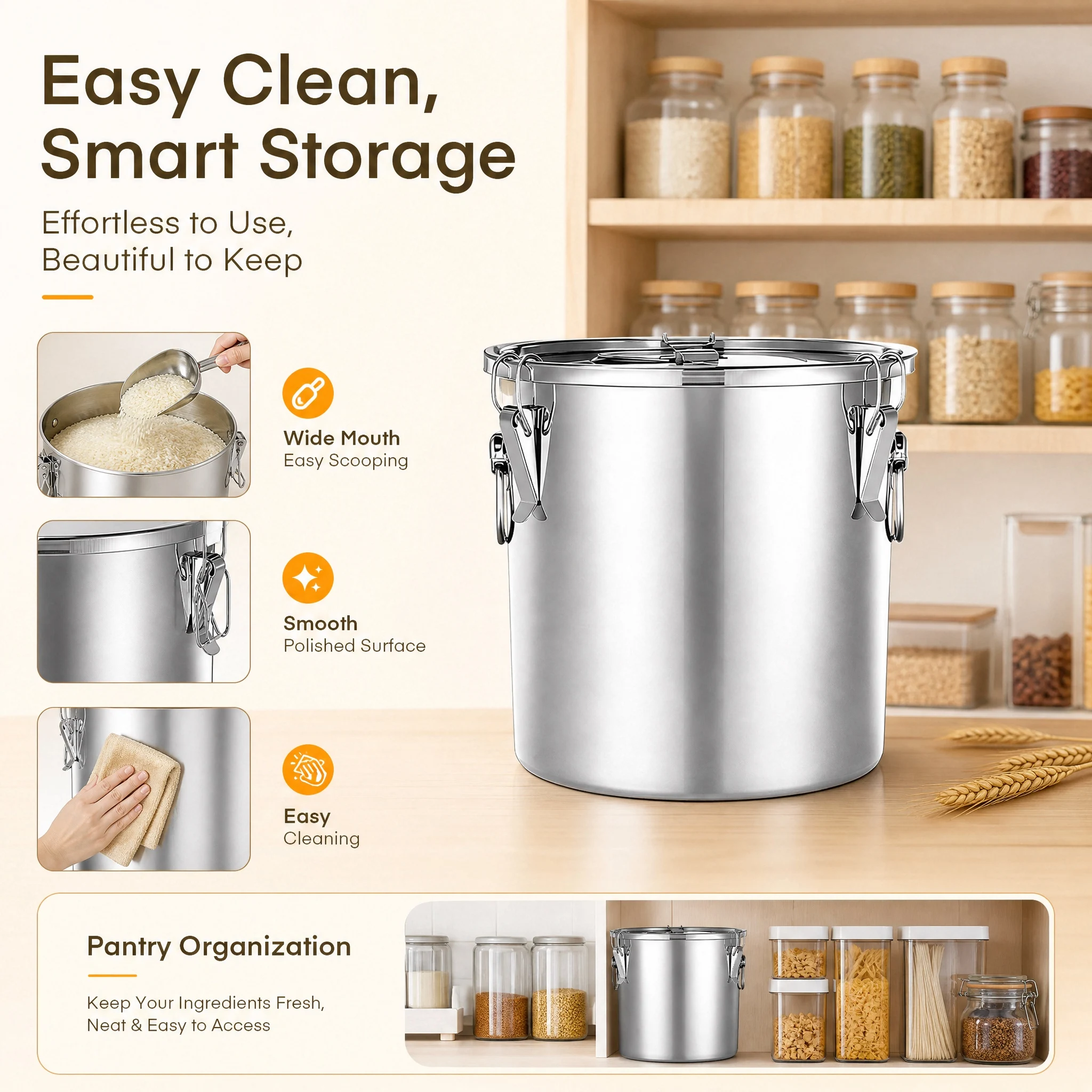 34LT Stainless Steel Food Storage Container with Airtight Lid & Ceramic Bone Handle, Large Metal Dog Food Bin for Rice, Cereals, Dogs & Cats, Keep Fresh, Easy to Clean